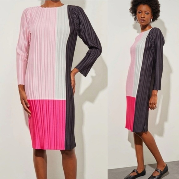 Ming Wang Dresses & Skirts - Ming Wang XXS Colorblock‎ Pleated Long Sleeve Knee Length Dress Crepe Stretch